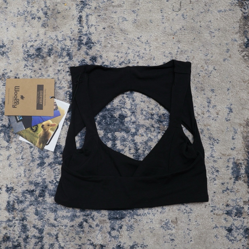 Woolly Clothing Co Merino Wool Bralette Open Back Sports Bra Black Womens XS NWT